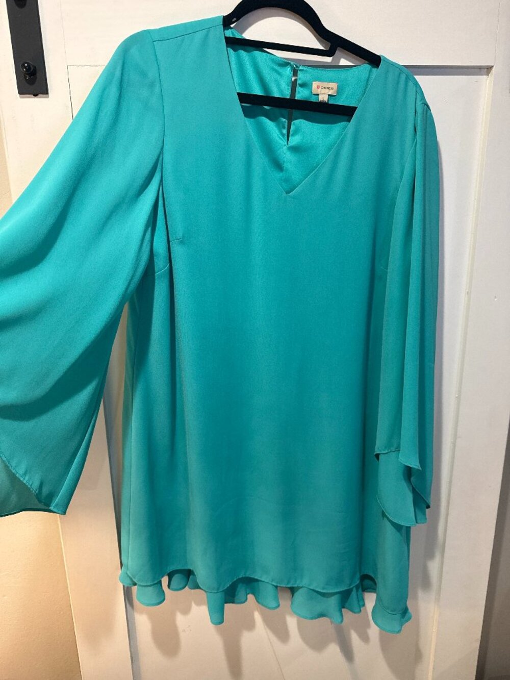 Aqua Turquoise Flow Dress with Ruffle Hem and Flutter Sleeves – Size L